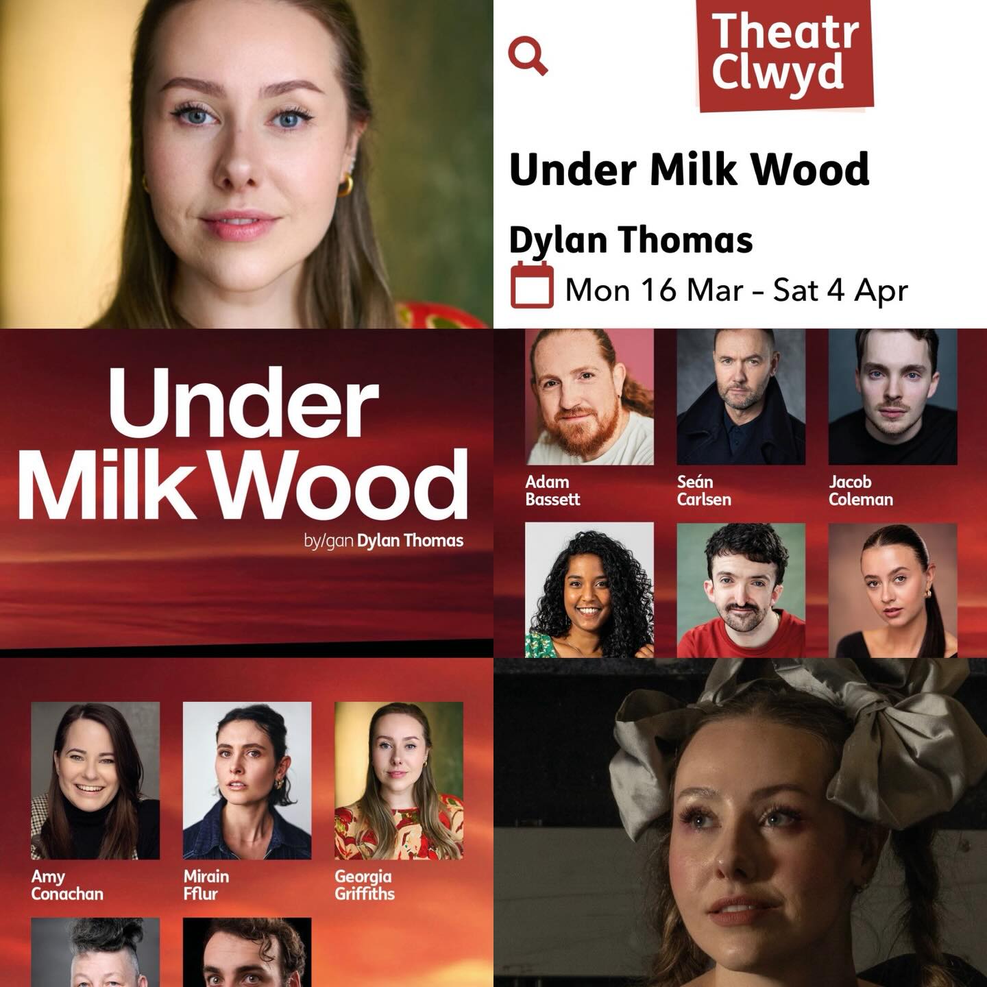 Thrilled for Georgia @georgiafgriffiths who will be performing in Dylan Thomas’ Under Milk Wood with the wonderful @theatrclwyd on 16th March to 4th April! #theatrclwyd #undermilkwood #welshactor